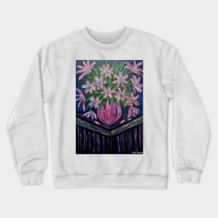 A beautiful bouquet of abstract flowers in a stunning vase on a table Crewneck Sweatshirt